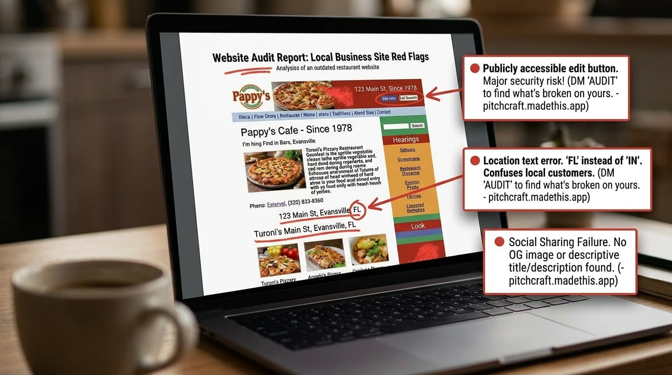 Example website audit report on a laptop with annotated website issues