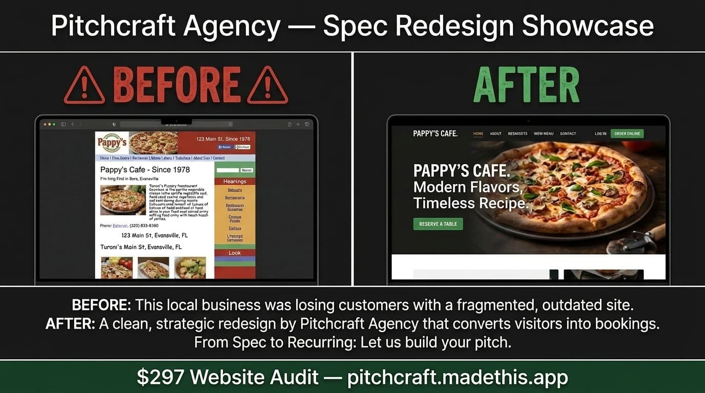 Before-and-after spec redesign comparison of a legacy restaurant website and a proposed redesign